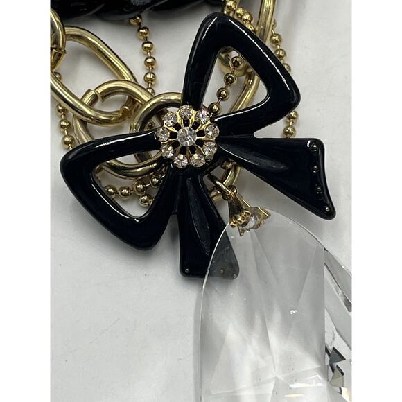 Betsey Johnson Heavy Multistrand Necklace Gold Tone Black White Ribbon Bow Charm - Picture 12 of 14
